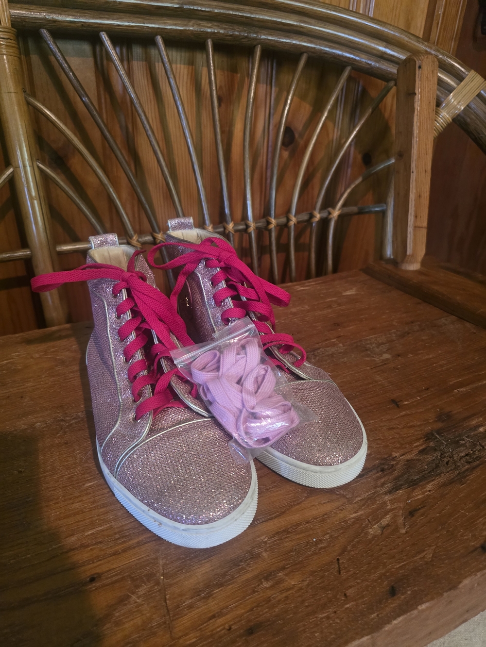 Christian Louboutin Sparkly Pink High Top Sneakers with Hot Pink Laces - Picture 16 of 16